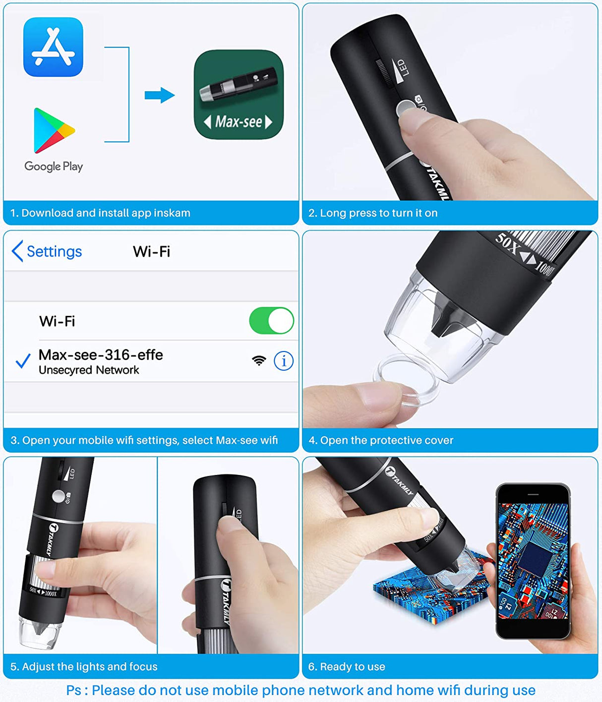T TAKMLY Microscopio digital inalámbrico de mano USB HD Cámara de inspección 50x-1000x Ampliación con soporte Compatible con iPhone, iPad, Samsung Galaxy, Android, Mac, computadora con Windows