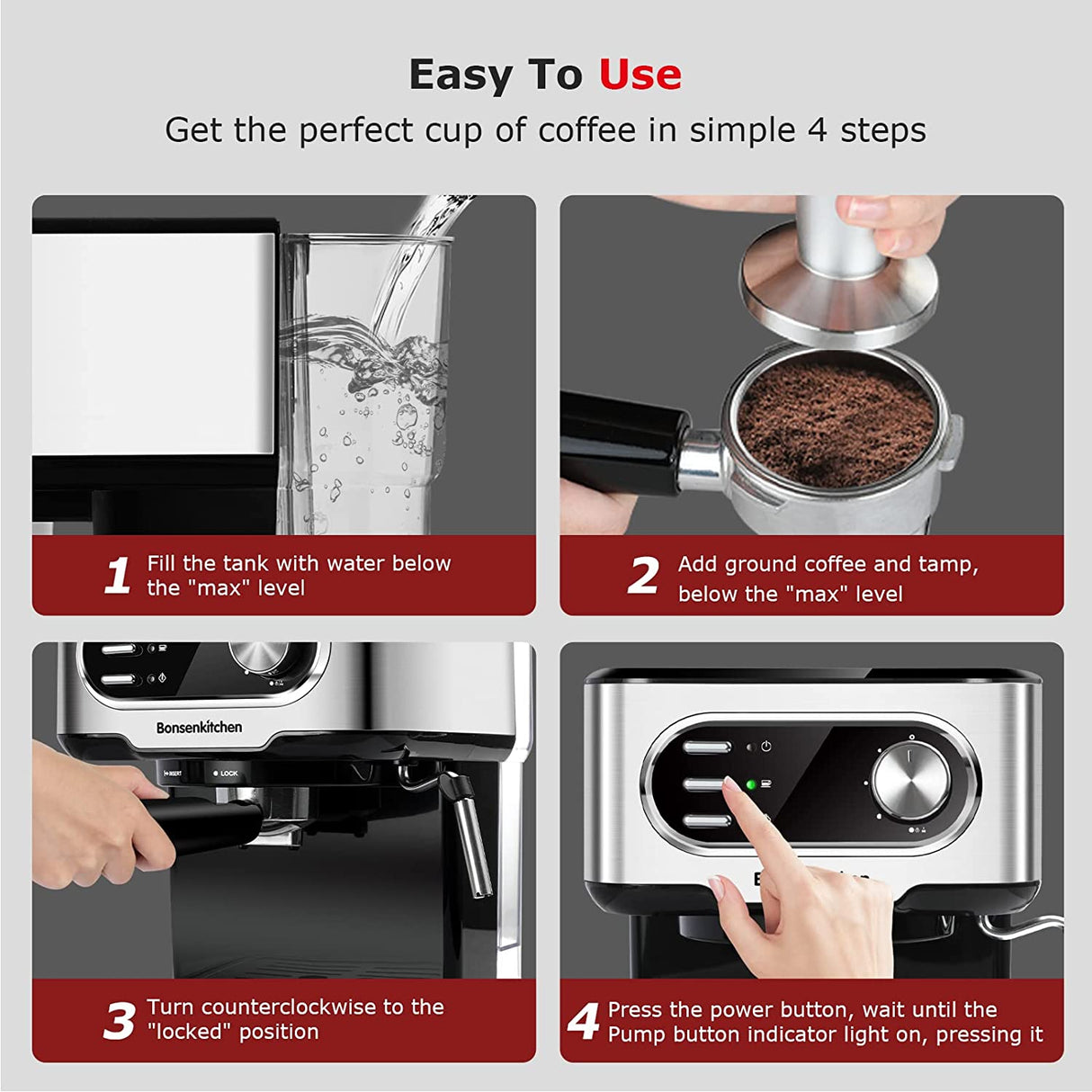 Bosenkitchen CM8008 Máquina de café espresso de 15 bares con varilla espumadora de leche, 850 W de alto rendimiento sin fugas de 1,5 litros con depósito de agua extraíble para espresso, capuchino, café con leche, Machiato