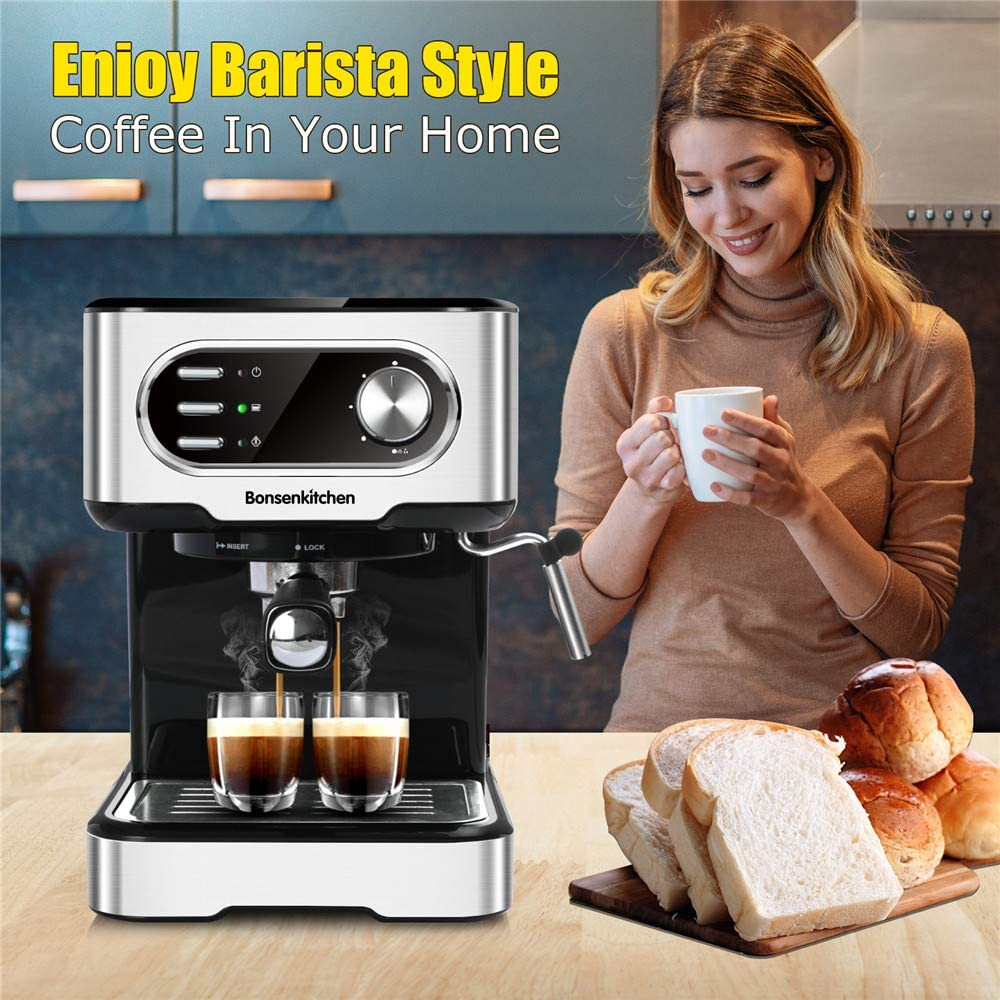 Bosenkitchen CM8008 Máquina de café espresso de 15 bares con varilla espumadora de leche, 850 W de alto rendimiento sin fugas de 1,5 litros con depósito de agua extraíble para espresso, capuchino, café con leche, Machiato