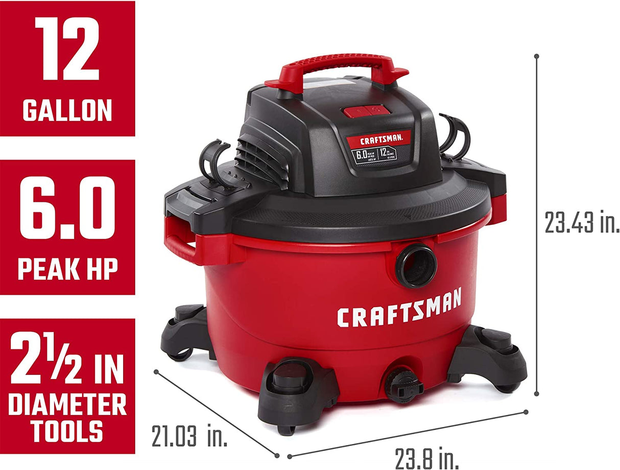 CRAFTSMAN CMXEVBE17594 Aspiradora portátil para uso en seco/húmedo de 12 galones, 6.0 HP de pico, con accesorios