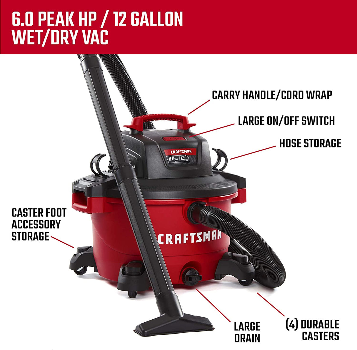 CRAFTSMAN CMXEVBE17594 Aspiradora portátil para uso en seco/húmedo de 12 galones, 6.0 HP de pico, con accesorios