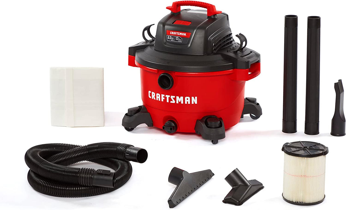 CRAFTSMAN CMXEVBE17594 Aspiradora portátil para uso en seco/húmedo de 12 galones, 6.0 HP de pico, con accesorios