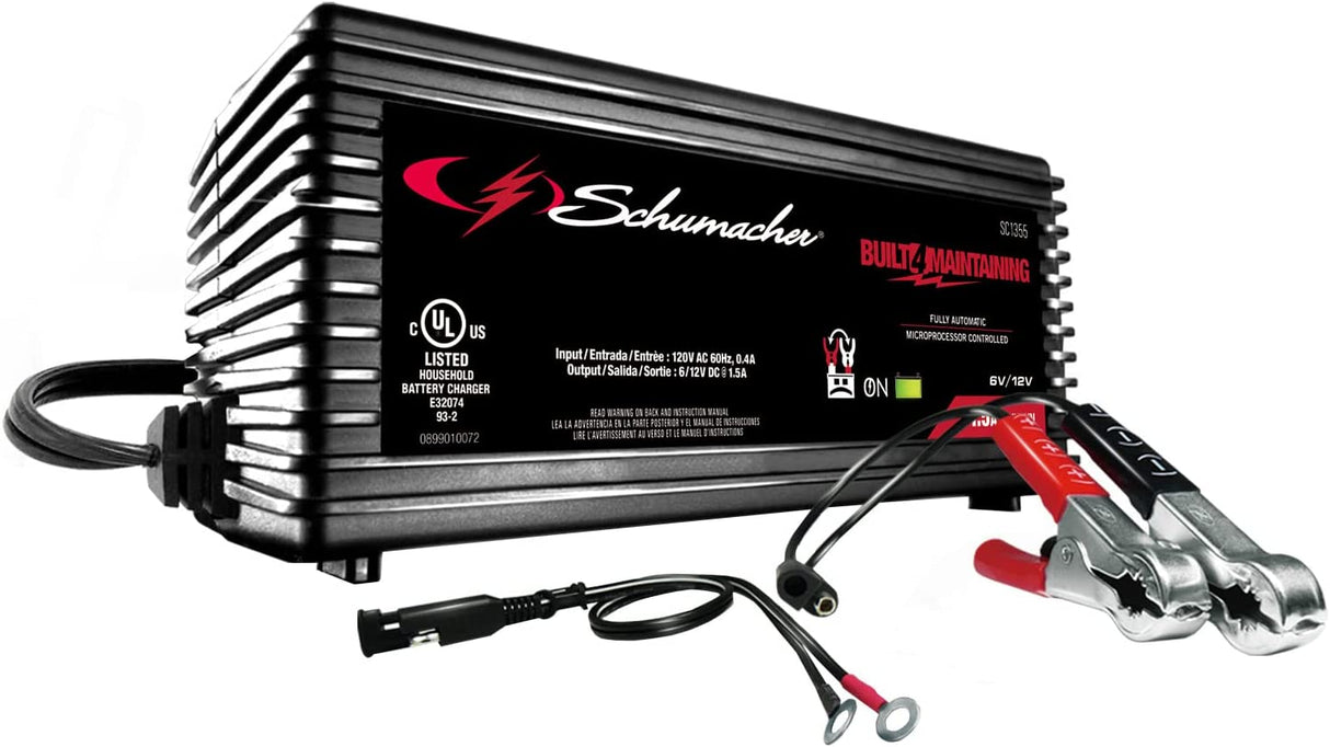 Schumacher SC1355 Arrancador de batería completamente automático - 1.5 Amp, 6/12V - Para baterías de automóviles, deportivas o marinas