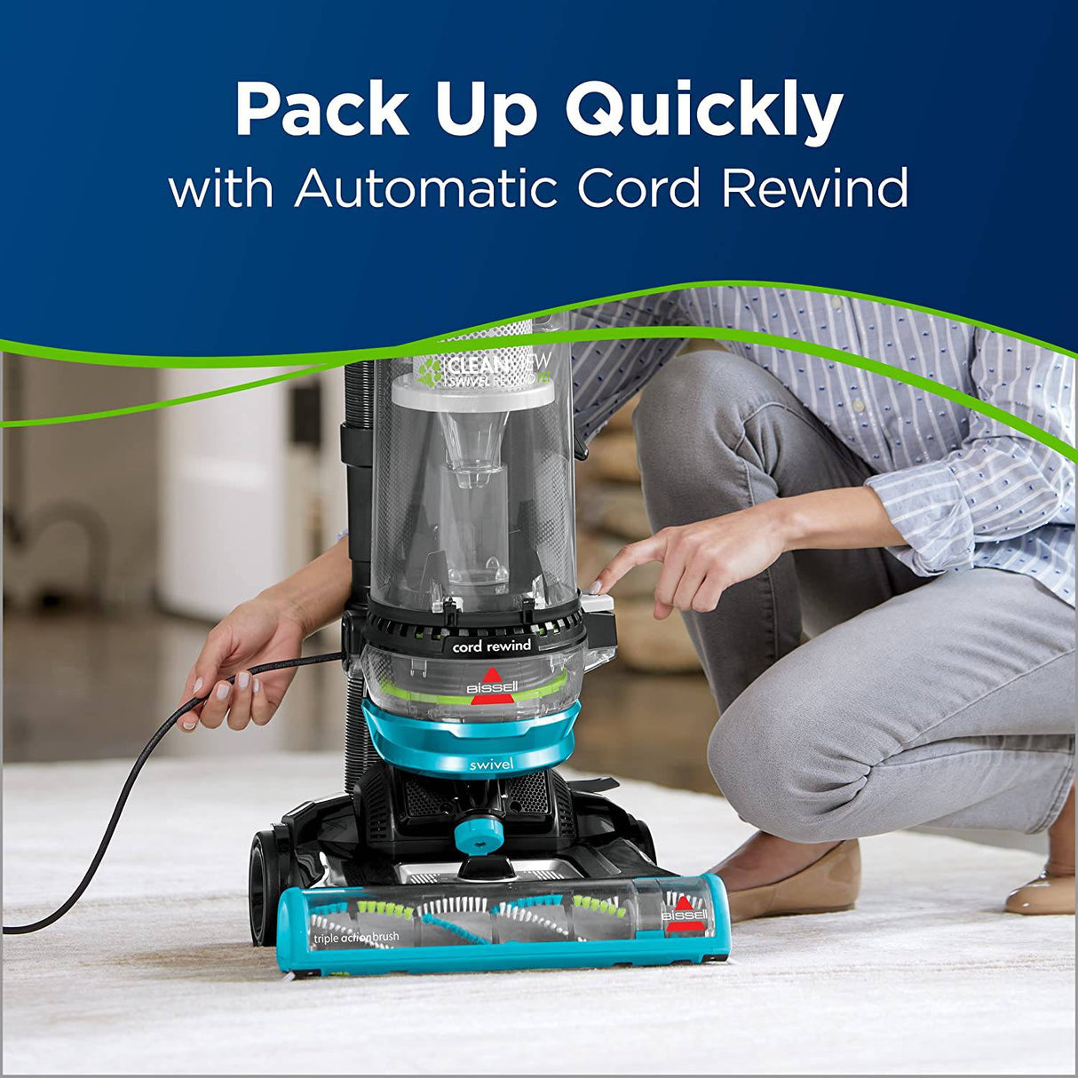 BISSELL 2254 CleanView Swivel Rewind Aspiradora vertical sin bolsa para mascotas, rebobinado automático de cable