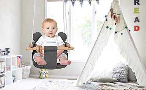 Milan Secure - Silla colgante de lona y madera para bebé, para interior y exterior, hamaca para patio trasero, columpio exterior, juguetes para niños, columpios de 6 a 36 meses con cojín decorativo para los oídos y anillo de madera natural, gris - DIGVICE MX