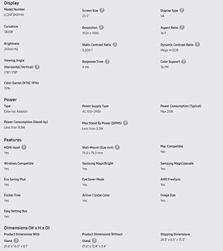 SAMSUNG LC24F390FHNXZA Monitor de juegos LED curvo de 24 pulgadas (diseño súper delgado), frecuencia de actualización de 60 Hz con modo de juego AMD FreeSync