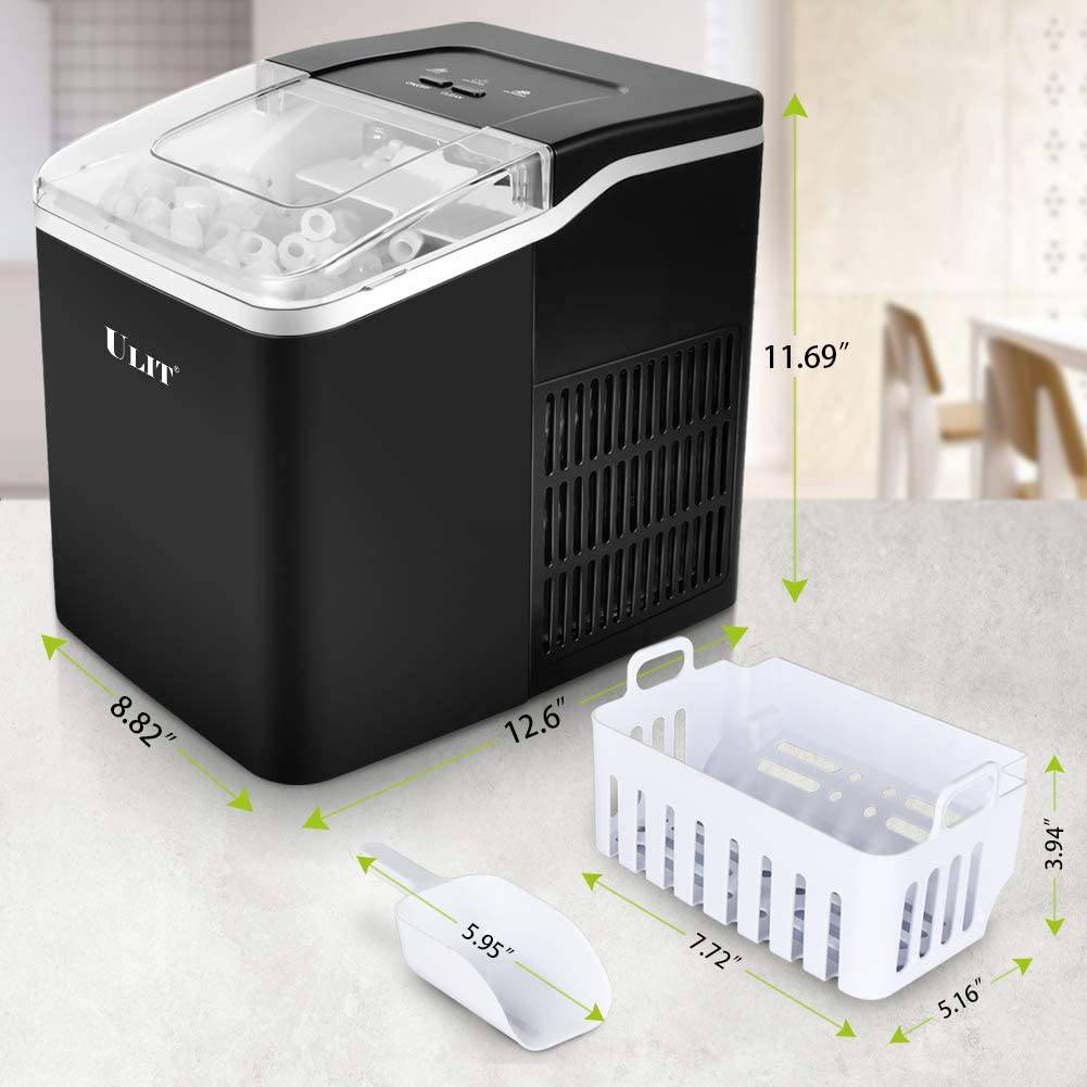 Máquina para hacer hielo portátil ULIT, máquina para hacer hielo para encimera, máquina para hacer cubitos de hielo con función de autolimpieza, hacer hielo de 26 libras en 24 horas, con cuchara para hielo y cesta (negro) - DIGVICE MX