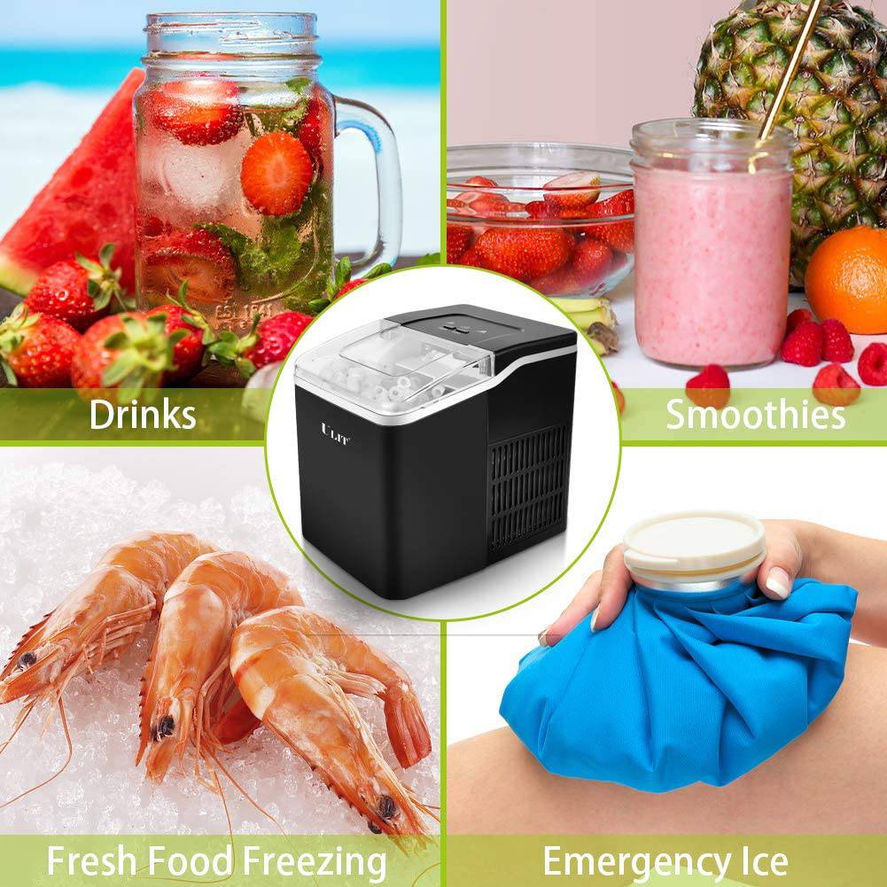 Máquina para hacer hielo portátil ULIT, máquina para hacer hielo para encimera, máquina para hacer cubitos de hielo con función de autolimpieza, hacer hielo de 26 libras en 24 horas, con cuchara para hielo y cesta (negro) - DIGVICE MX