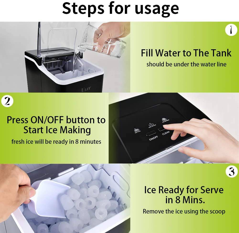 Máquina para hacer hielo portátil ULIT, máquina para hacer hielo para encimera, máquina para hacer cubitos de hielo con función de autolimpieza, hacer hielo de 26 libras en 24 horas, con cuchara para hielo y cesta (negro) - DIGVICE MX