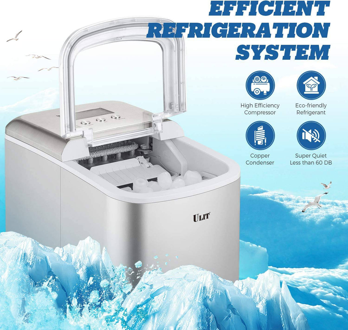 Máquina para hacer hielo portátil ULIT con pantalla LED, máquina para hacer hielo para encimera, función de autolimpieza, hacer hielo de 26 libras en 24 horas, con cuchara para hielo y cesta (plata) - DIGVICE MX