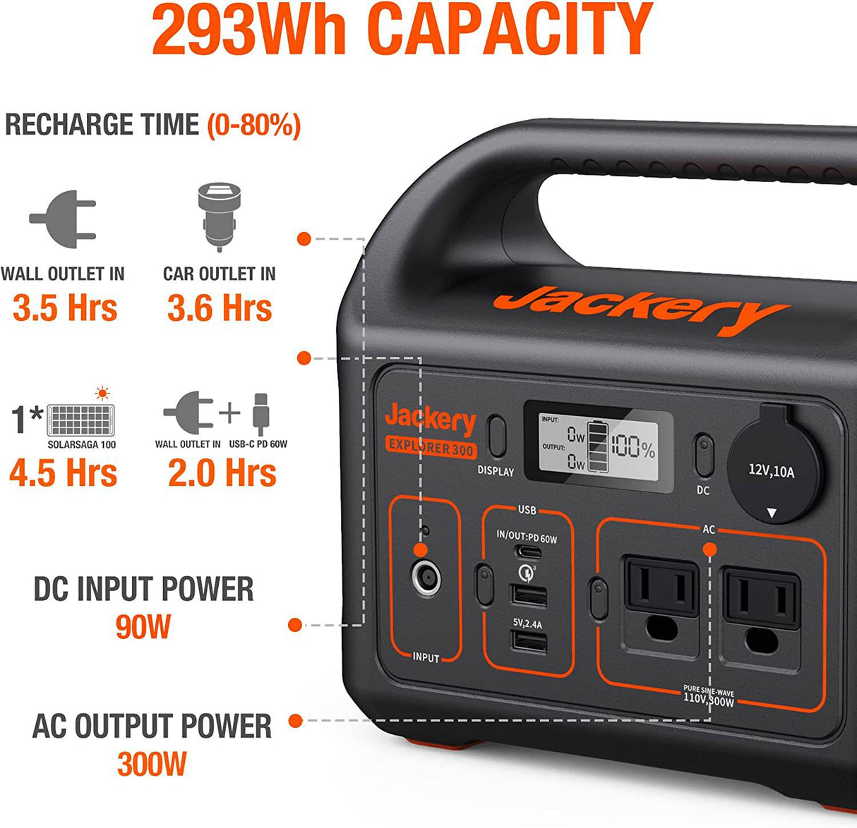 Jackery Portable Power Station Explorer 300, batería de litio de respaldo de 293 Wh, salida de CA de onda sinusoidal pura de 110 V/300 W, generador solar (panel solar no incluido) para exteriores, camping, viajes, caza, apagón - DIGVICE MX