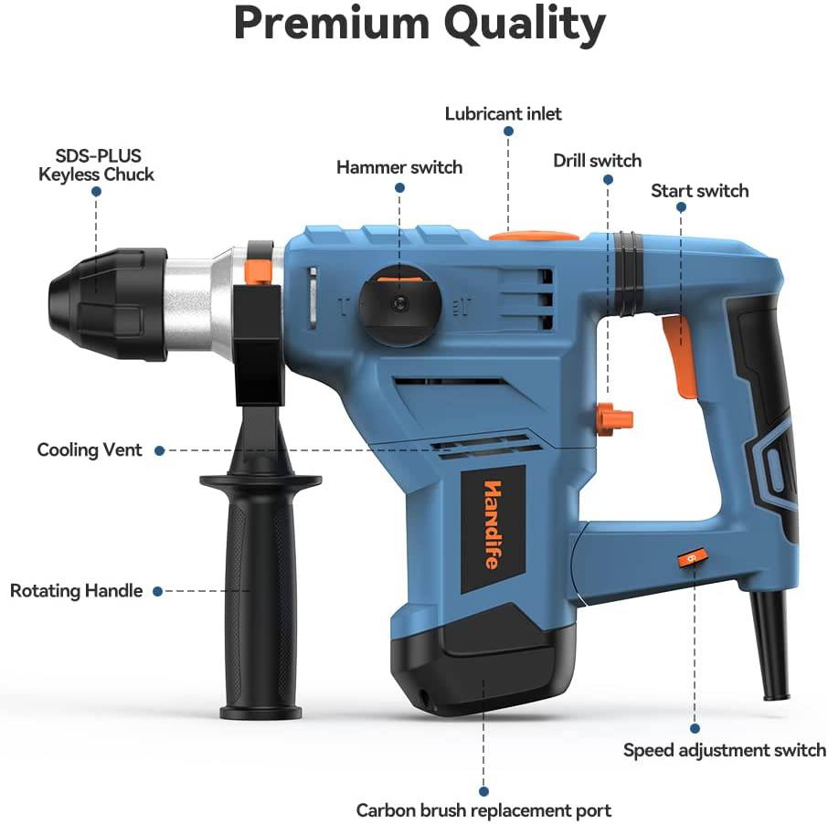 Taladro percutor giratorio Handife 12,5 A 1500 W Martillo resistente 1-1/4'' SDS-Plus, 3 funciones Regulación de 6 velocidades con tecnología de amortiguación de vibraciones, embrague de seguridad, utilizado para hormigón, metal y piedra - DIGVICE MX