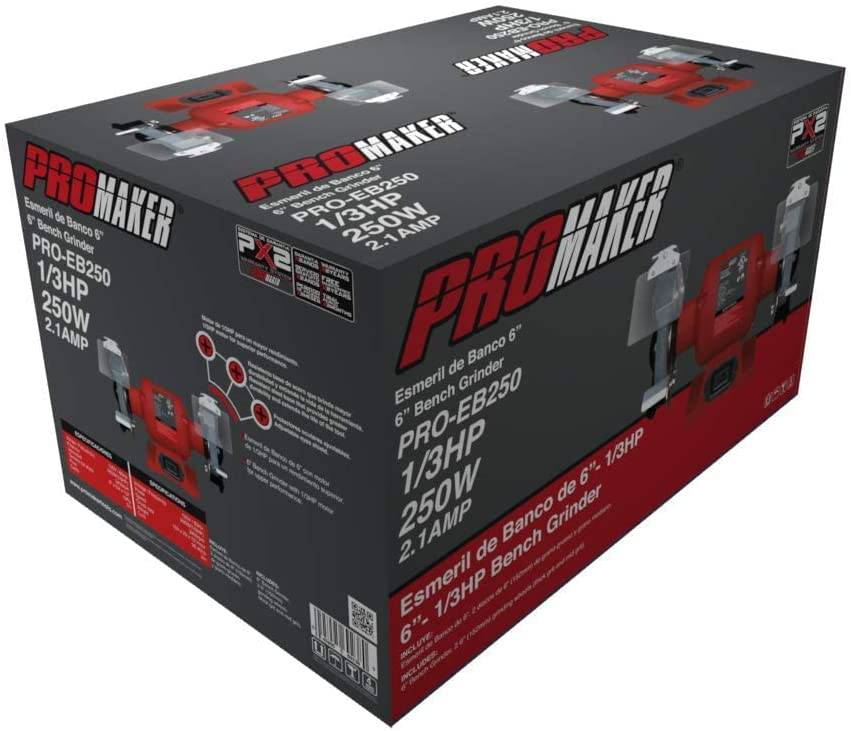 Amoladora de banco de 6 pulgadas PROMAKER 3400 RPM, 2.1AMP, 1/3 HP, amoladoras de banco eléctricas con dos protectores para los ojos y dos ruedas (grano grueso y grano medio). Amoladora de banco con soporte 2.1AMP PRO-EB250 - DIGVICE MX