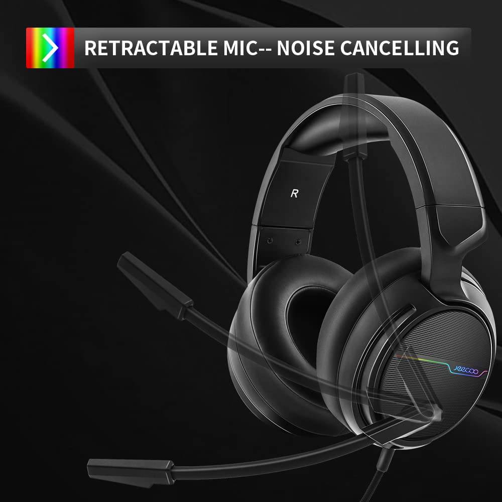 Jeecoo USB Pro Gaming Headset para PC - Auriculares de sonido envolvente 7.1 con micrófono con cancelación de ruido - Almohadillas de espuma viscoelástica Luces RGB para portátiles