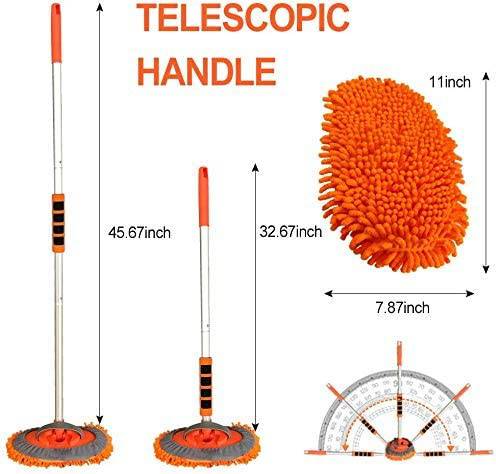 Buyplus - Fregona con cepillo para lavado de coche con mango largo de aleación de aluminio de 46 pulgadas, kit de limpieza de coche de microfibra de chenilla 3 en 1, cepillo para polvo, no daña la pintura