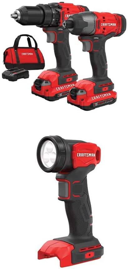 Kit combinado de taladro inalámbrico CRAFTSMAN, 2 herramientas y luz de trabajo LED (CMCK200C2 y CMCL020B) - DIGVICE MX