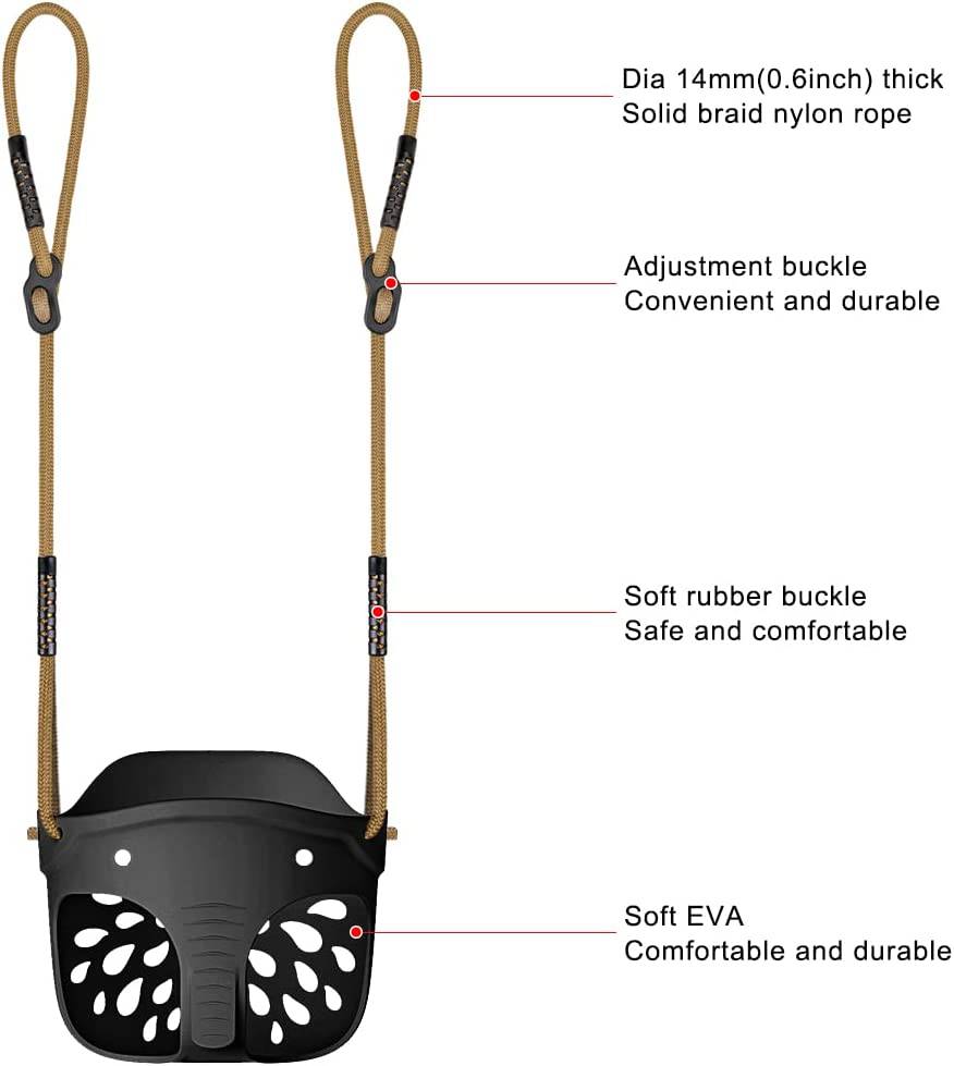 SELEWARE Asiento de columpio para niños pequeños con respaldo alto y respaldo alto con mosquetones de bloqueo y cuerda ajustable, lindo diseño en forma de elefante, límite de peso de 600 lb (columpio de cubo, negro) - DIGVICE MX