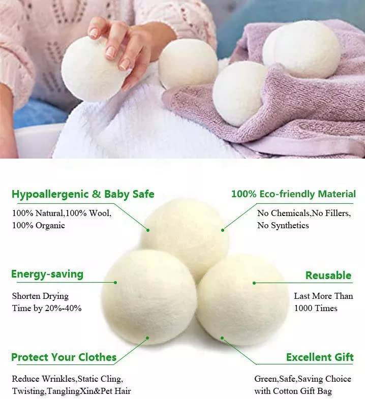 JCLO. Bolas de lana para secadora Suavizante de telas naturales y lana de Nueva Zelanda 100% orgánica de primera calidad, reduce las arrugas y ahorra tiempo, seguro para bebés e hipoalergénico, blanco 6 XLCount - DIGVICE MX
