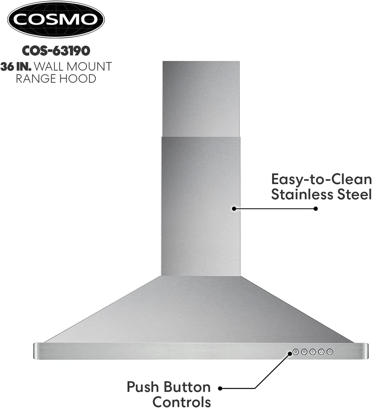 COSMO 63190 Campana de montaje en pared de 36 pulgadas con conductos convertibles sin conductos (no incluye kit), ventilación sobre la estufa estilo chimenea de cocina, ventilador de escape de 3 velocidades, filtros permanentes - DIGVICE MX