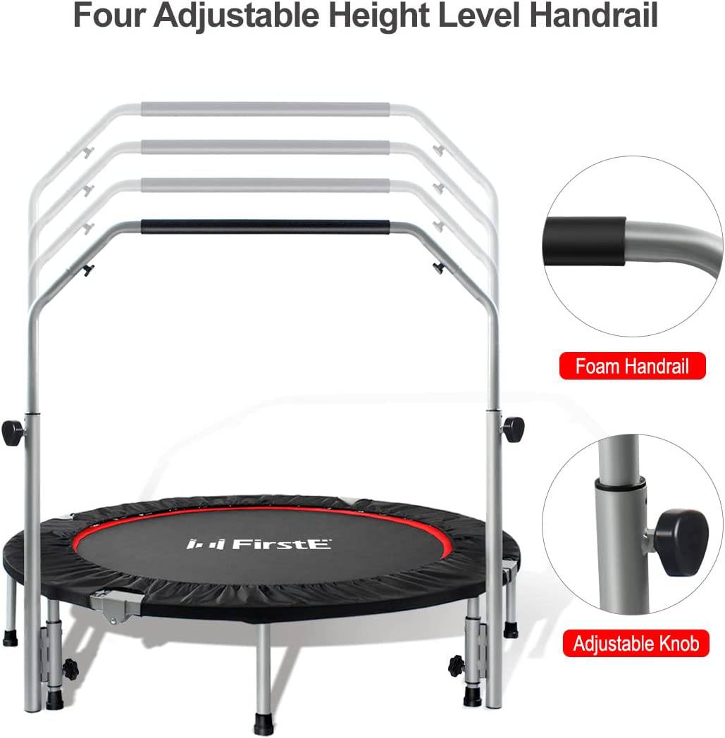 FirstE - Trampolines de fitness plegables de 48 pulgadas con pasamanos de espuma de altura ajustable de 4 niveles, trampolín de salto para niños y adultos en interiores y exteriores, carga máxima de 440 libras