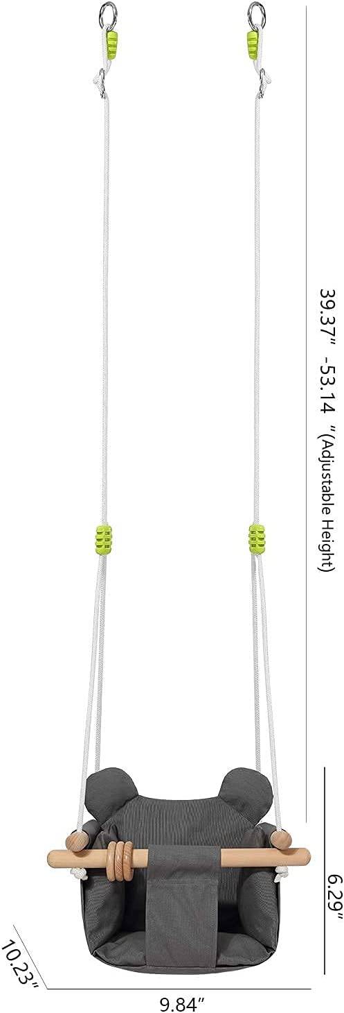 Milan Secure - Silla colgante de lona y madera para bebé, para interior y exterior, hamaca para patio trasero, columpio exterior, juguetes para niños, columpios de 6 a 36 meses con cojín decorativo para los oídos y anillo de madera natural, gris - DIGVICE MX