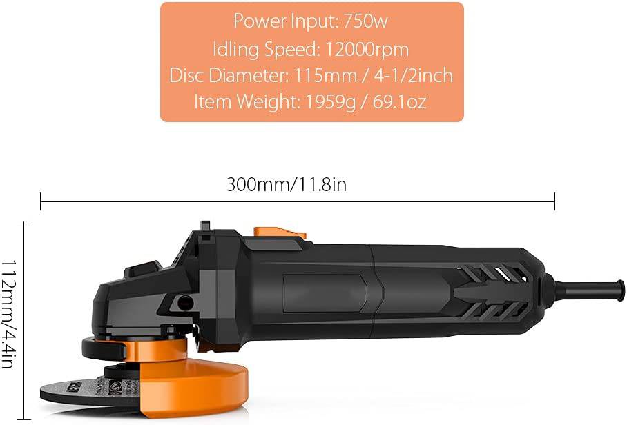 Amoladora angular Visterk, amoladora eléctrica de 6 amperios y 4-1/2 pulgadas con 3 ruedas abrasivas de 115 mm, 3 ruedas abrasivas de corte, disco de láminas y mango auxiliar - DIGVICE MX