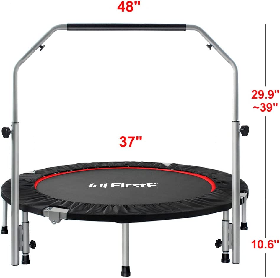 FirstE - Trampolines de fitness plegables de 48 pulgadas con pasamanos de espuma de altura ajustable de 4 niveles, trampolín de salto para niños y adultos en interiores y exteriores, carga máxima de 440 libras