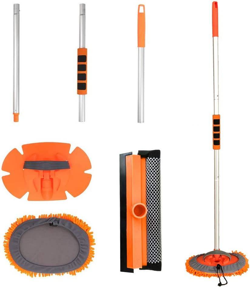Buyplus - Fregona con cepillo para lavado de coche con mango largo de aleación de aluminio de 46 pulgadas, kit de limpieza de coche de microfibra de chenilla 3 en 1, cepillo para polvo, no daña la pintura