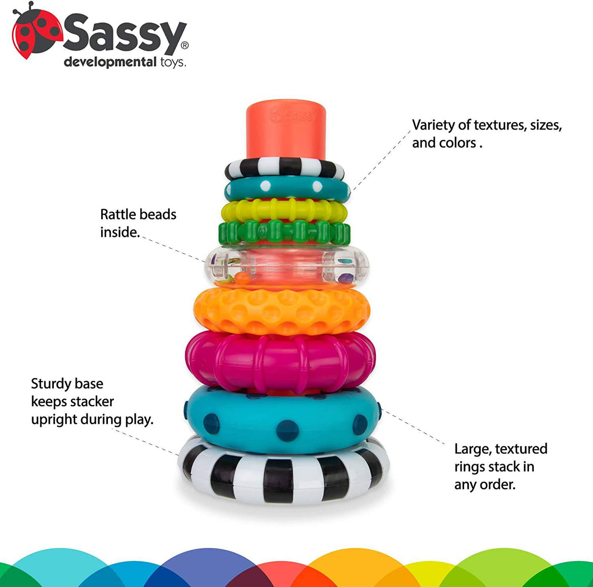Sassy Stacks of Circles Stacking Ring STEM Juguete de aprendizaje, a partir de 6 meses, multicolor, juego de 9 piezas