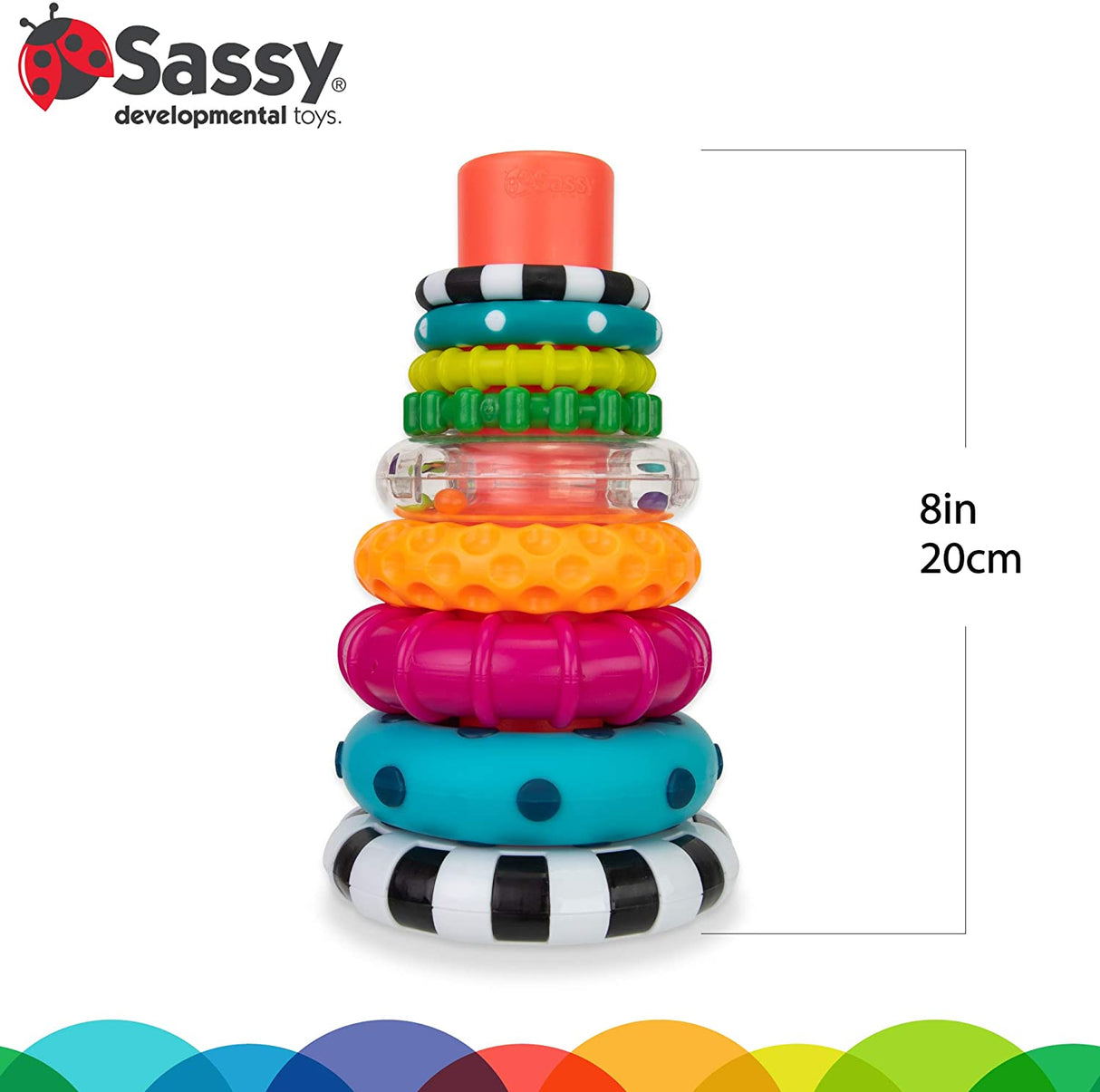 Sassy Stacks of Circles Stacking Ring STEM Juguete de aprendizaje, a partir de 6 meses, multicolor, juego de 9 piezas