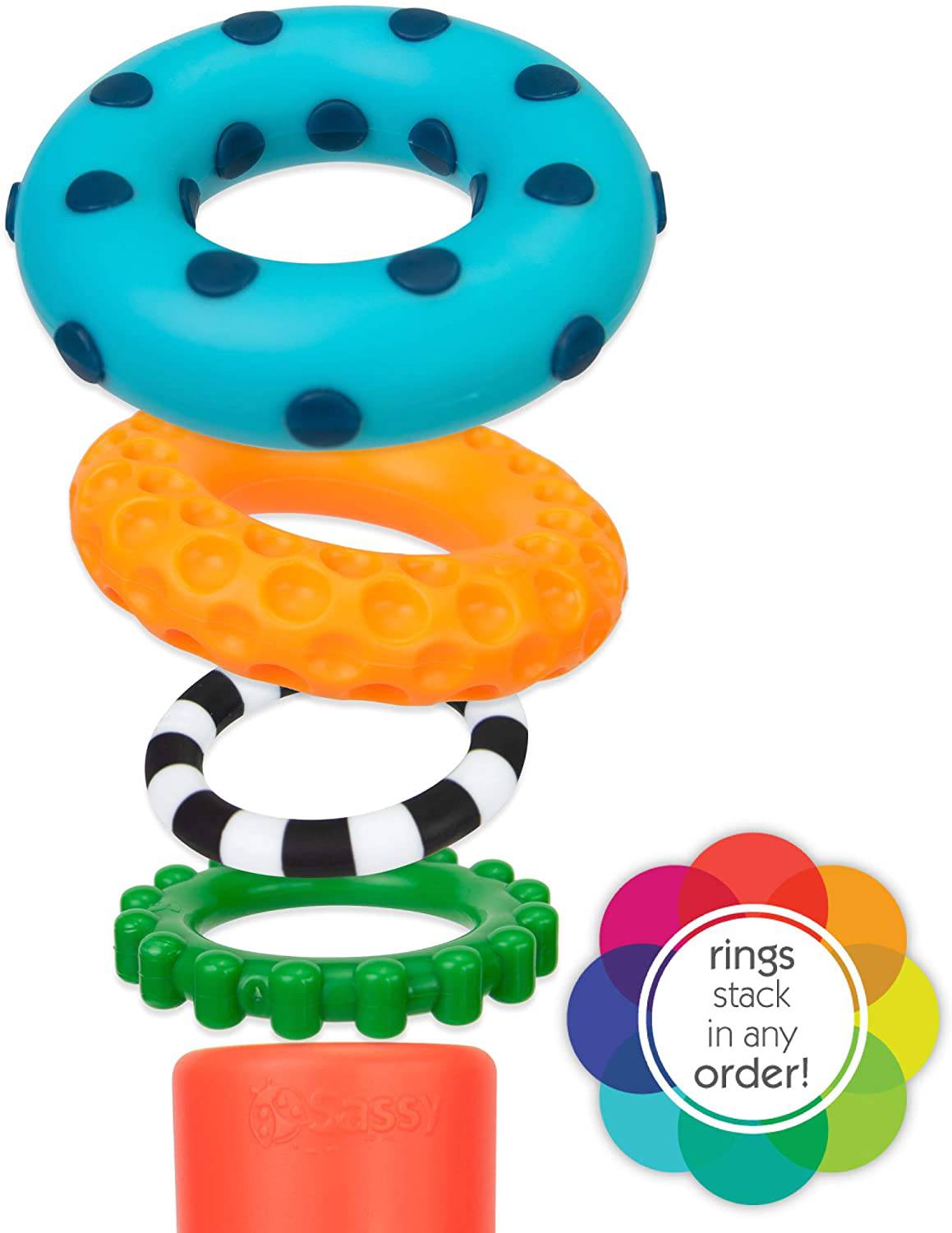 Sassy Stacks of Circles Stacking Ring STEM Juguete de aprendizaje, a partir de 6 meses, multicolor, juego de 9 piezas