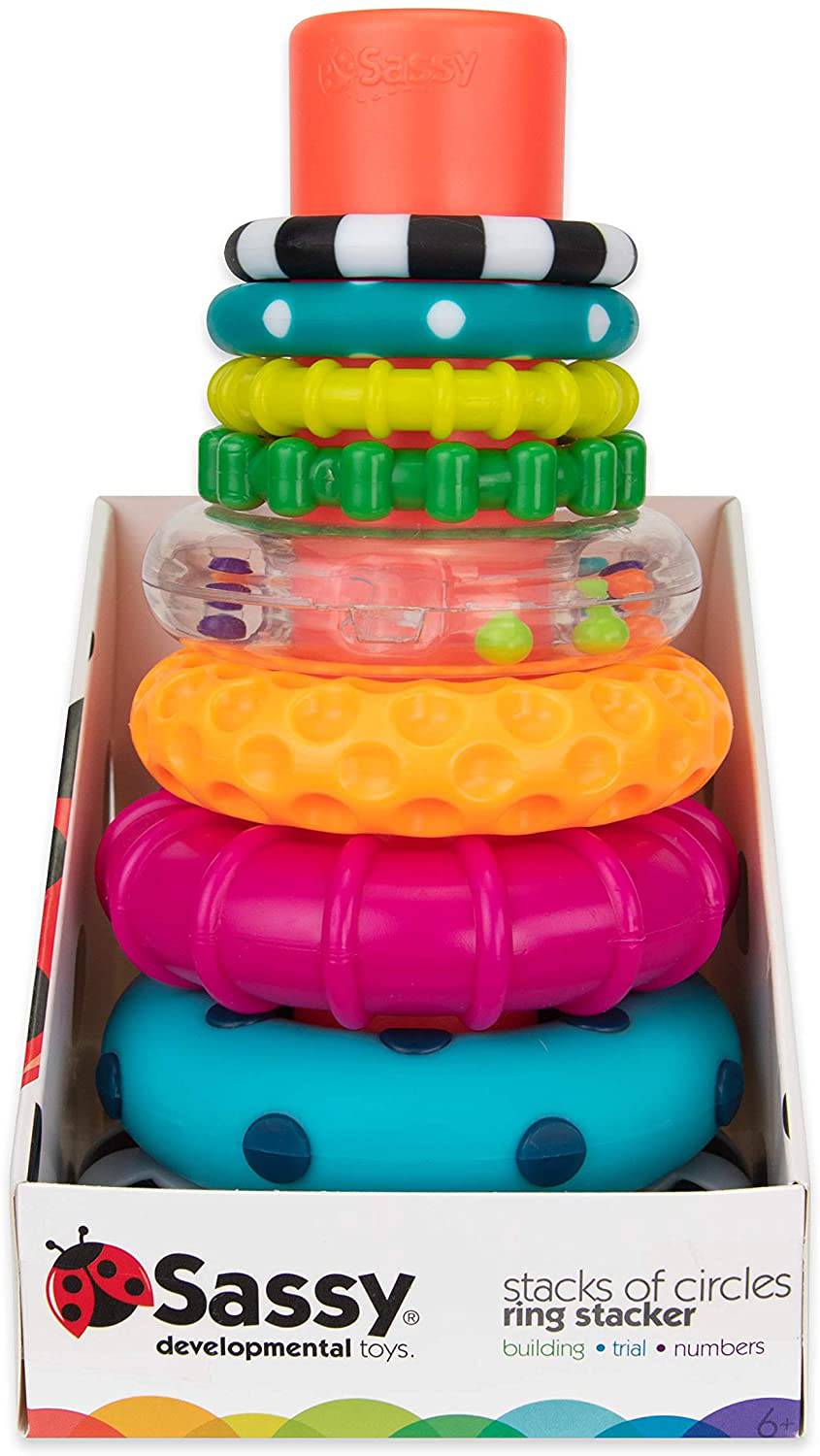 Sassy Stacks of Circles Stacking Ring STEM Juguete de aprendizaje, a partir de 6 meses, multicolor, juego de 9 piezas
