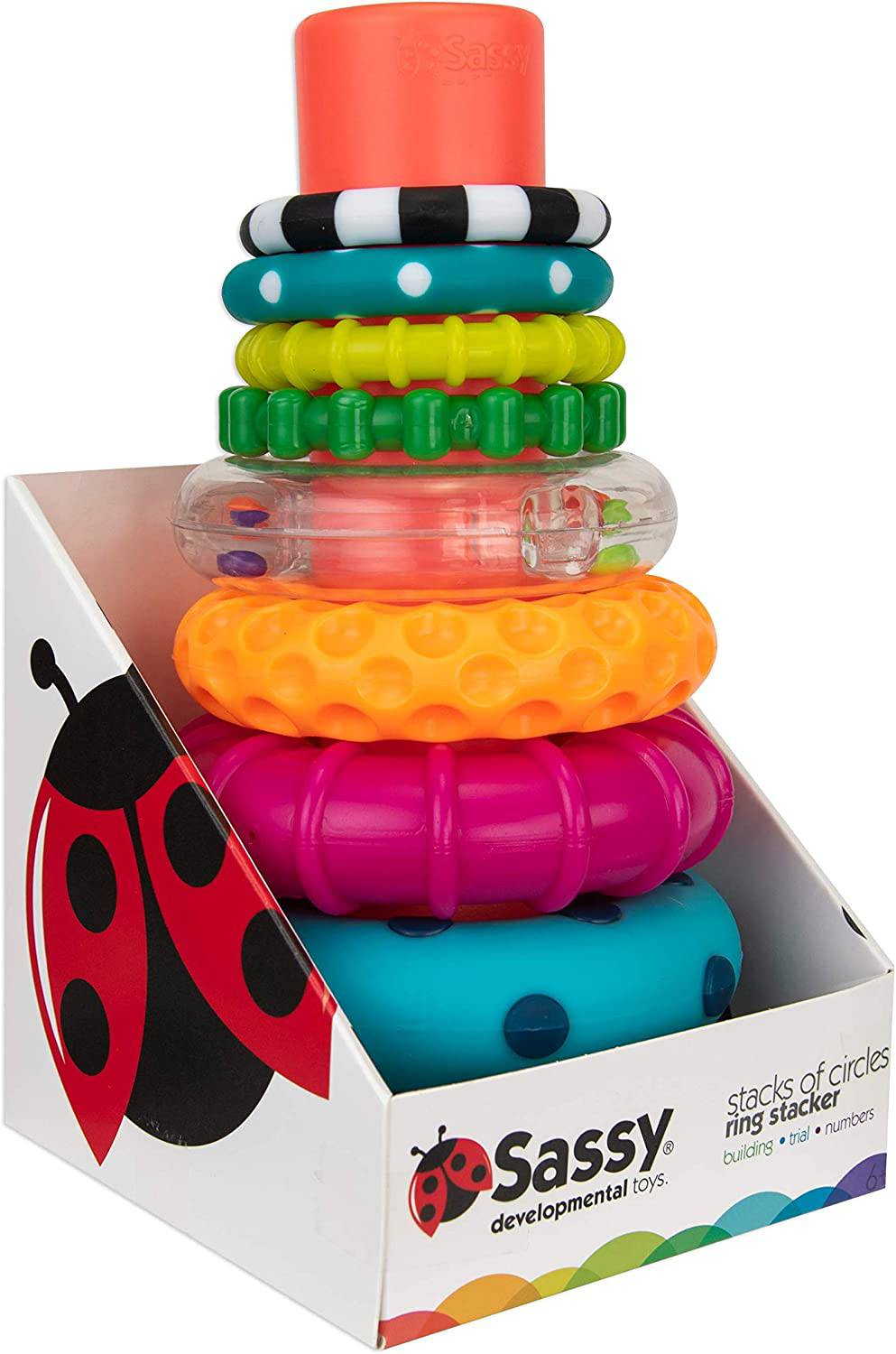 Sassy Stacks of Circles Stacking Ring STEM Juguete de aprendizaje, a partir de 6 meses, multicolor, juego de 9 piezas