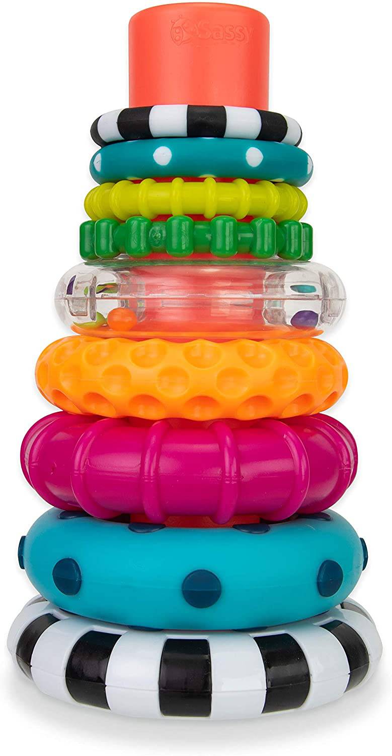 Sassy Stacks of Circles Stacking Ring STEM Juguete de aprendizaje, a partir de 6 meses, multicolor, juego de 9 piezas