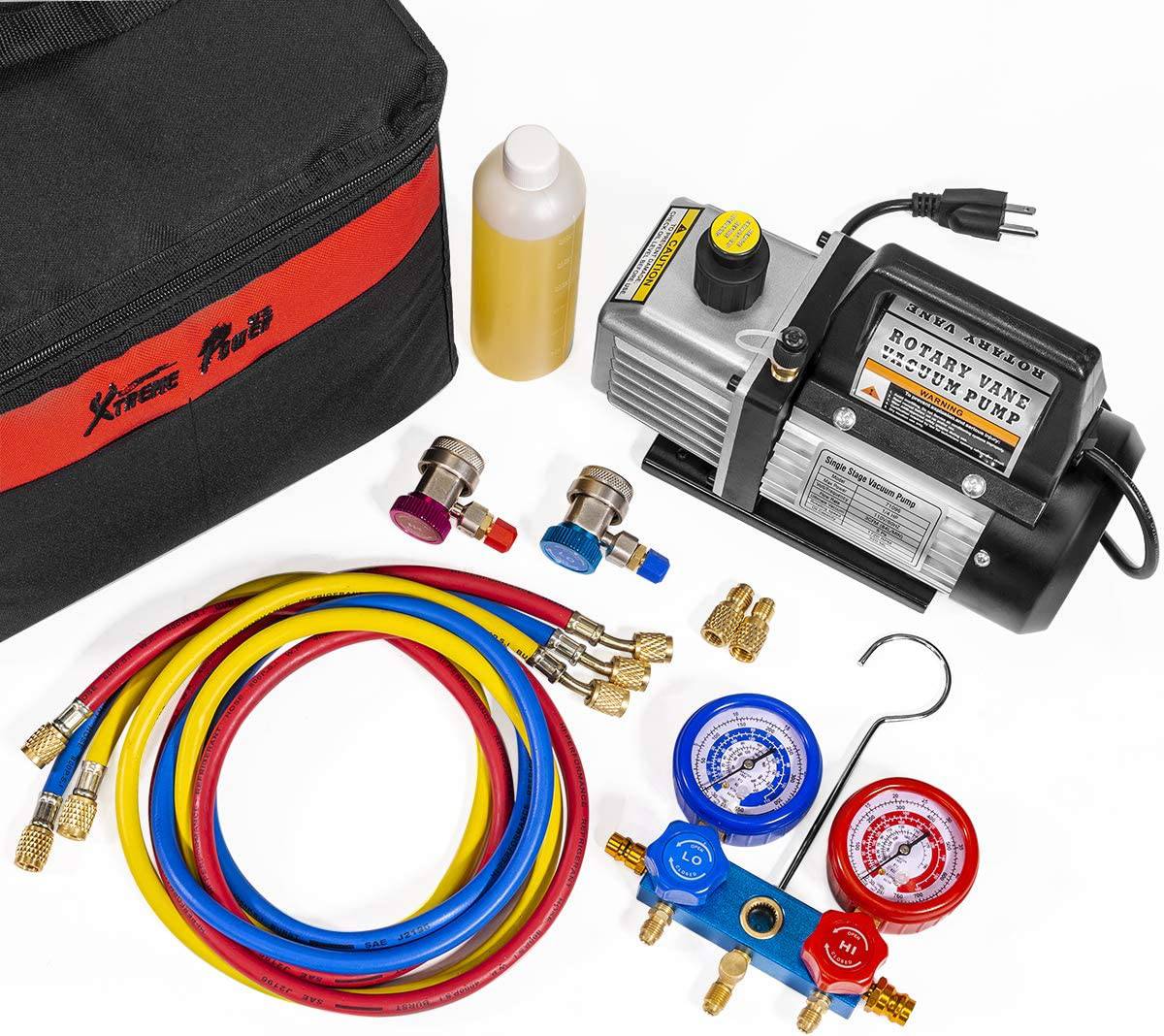 XtremepowerUS 3CFM 1/4HP Bomba de vacío de aire HVAC R134a R12 R22 R410a Kit de refrigeración de A/C Medidor de colector de CA R134 Can Tap Incluye bolsa de transporte - DIGVICE MX