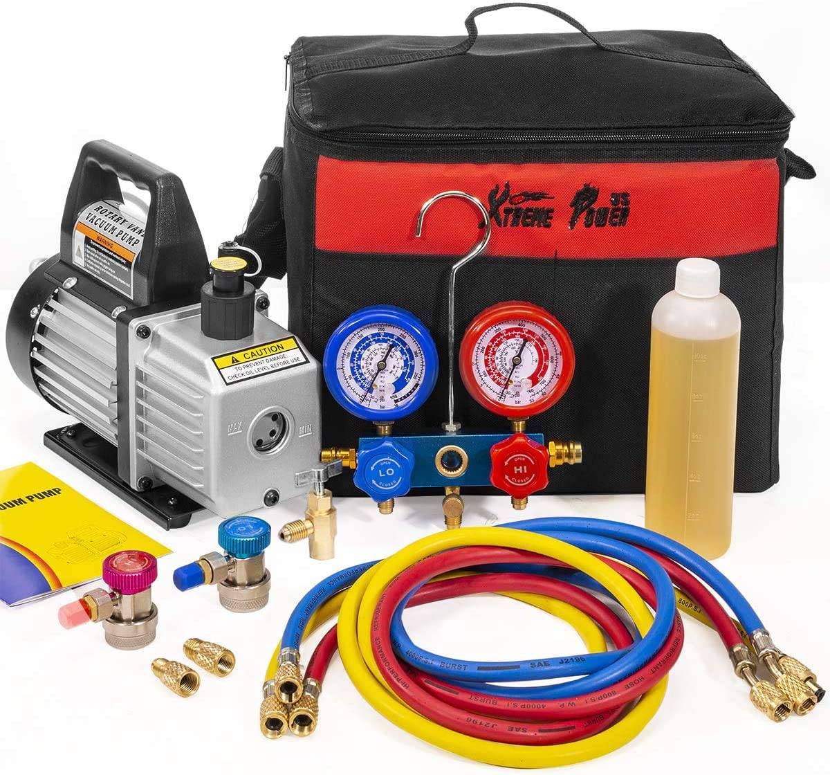 XtremepowerUS 3CFM 1/4HP Bomba de vacío de aire HVAC R134a R12 R22 R410a Kit de refrigeración de A/C Medidor de colector de CA R134 Can Tap Incluye bolsa de transporte - DIGVICE MX