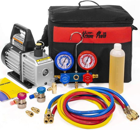 XtremepowerUS 3CFM 1/4HP Bomba de vacío de aire HVAC R134a R12 R22 R410a Kit de refrigeración de A/C Medidor de colector de CA R134 Can Tap Incluye bolsa de transporte - DIGVICE MX