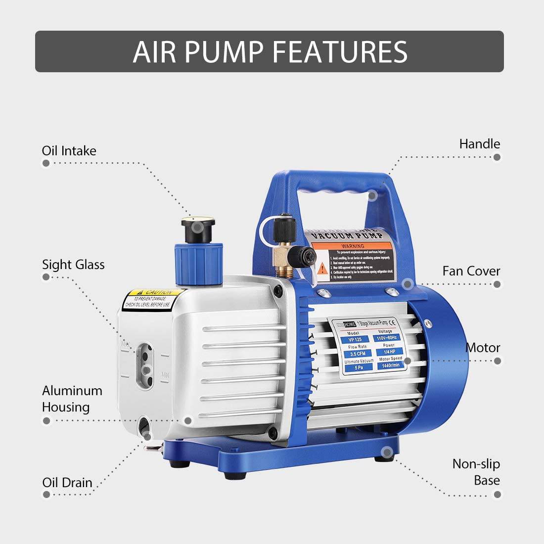 VIVOHOME 110V 1/4 HP 3.5CFM Bomba de vacío de aire de paleta rotativa de una sola etapa y juego de manómetros de CA R134a con bolsa de transporte de termómetro para recarga de refrigeración de aire acondicionado HVAC - DIGVICE MX