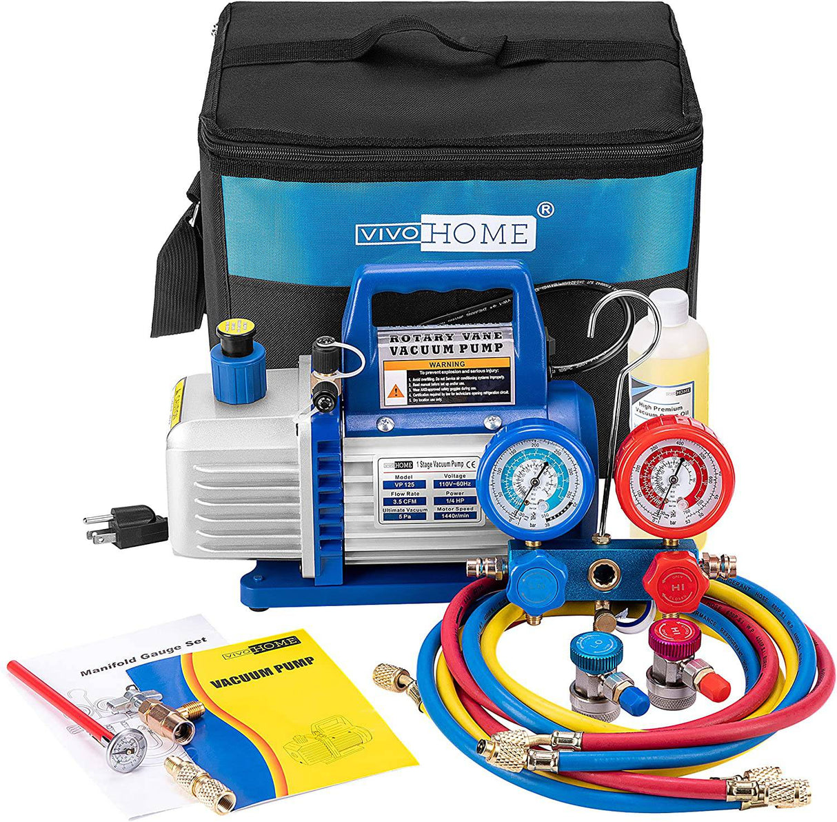 VIVOHOME 110V 1/4 HP 3.5CFM Bomba de vacío de aire de paleta rotativa de una sola etapa y juego de manómetros de CA R134a con bolsa de transporte de termómetro para recarga de refrigeración de aire acondicionado HVAC - DIGVICE MX