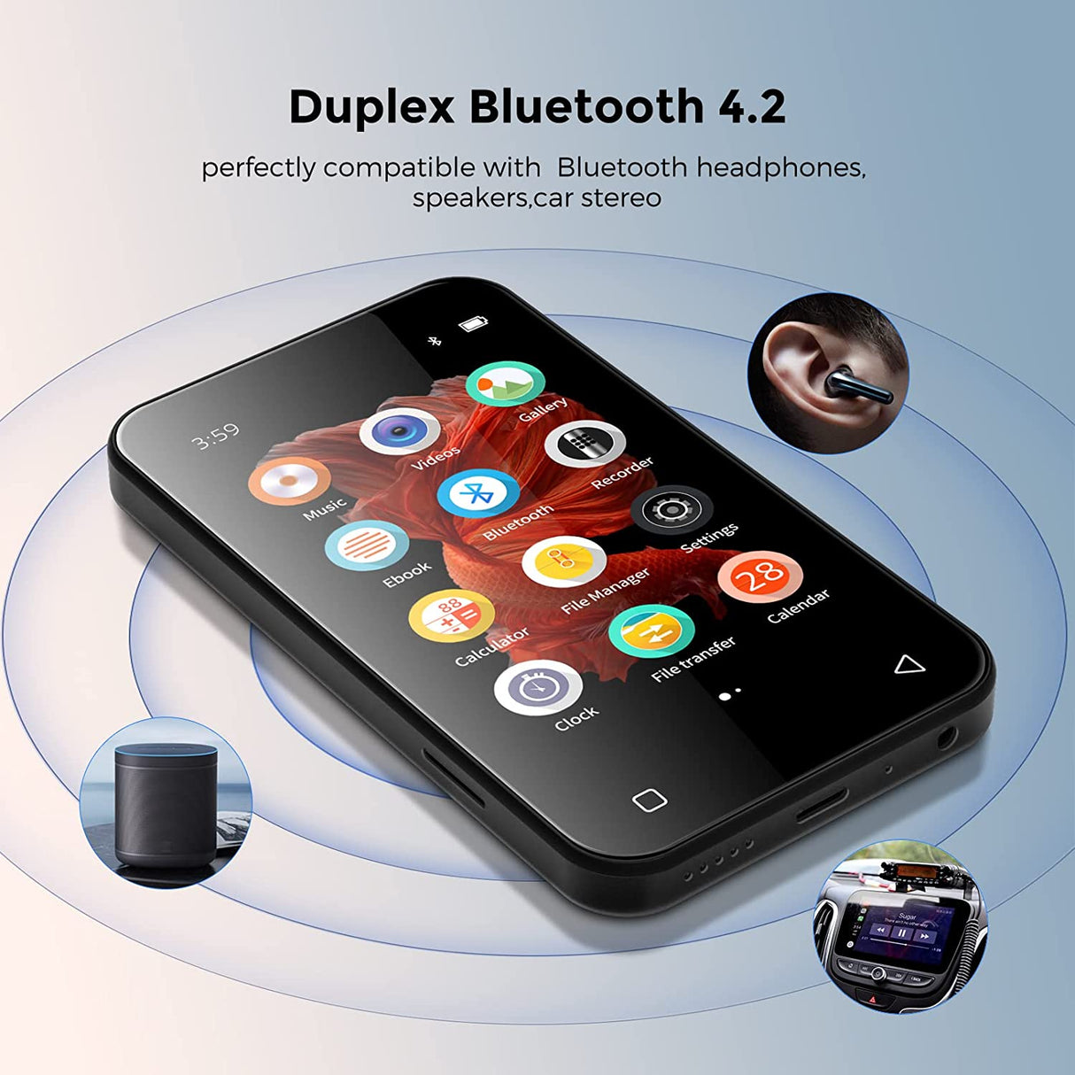 TIMMKOO Reproductor de MP3 con Bluetooth, pantalla táctil completa de 4.0" Reproductor de MP4 con altavoz Q3E