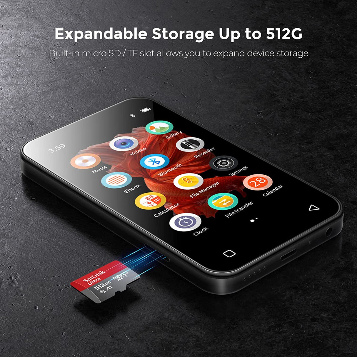 TIMMKOO Reproductor de MP3 con Bluetooth, pantalla táctil completa de 4.0" Reproductor de MP4 con altavoz Q3E