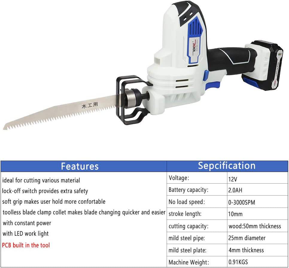 NEWONE Sierra alternativa inalámbrica de 12 V Sawzall compacta con 2 hojas para madera Incluye batería de 2,0 Ah, cargador inteligente y fuente de alimentación USB - DIGVICE MX