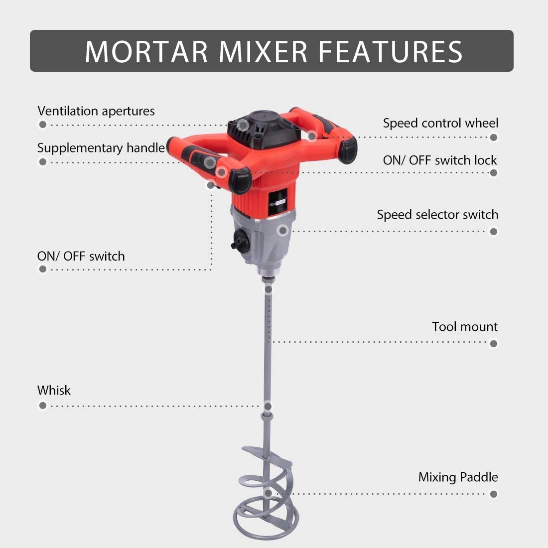 VIVOHOME 110V 1600W Máquina mezcladora de mortero de cemento de pintura de mano eléctrica con 7 velocidades ajustables - DIGVICE MX