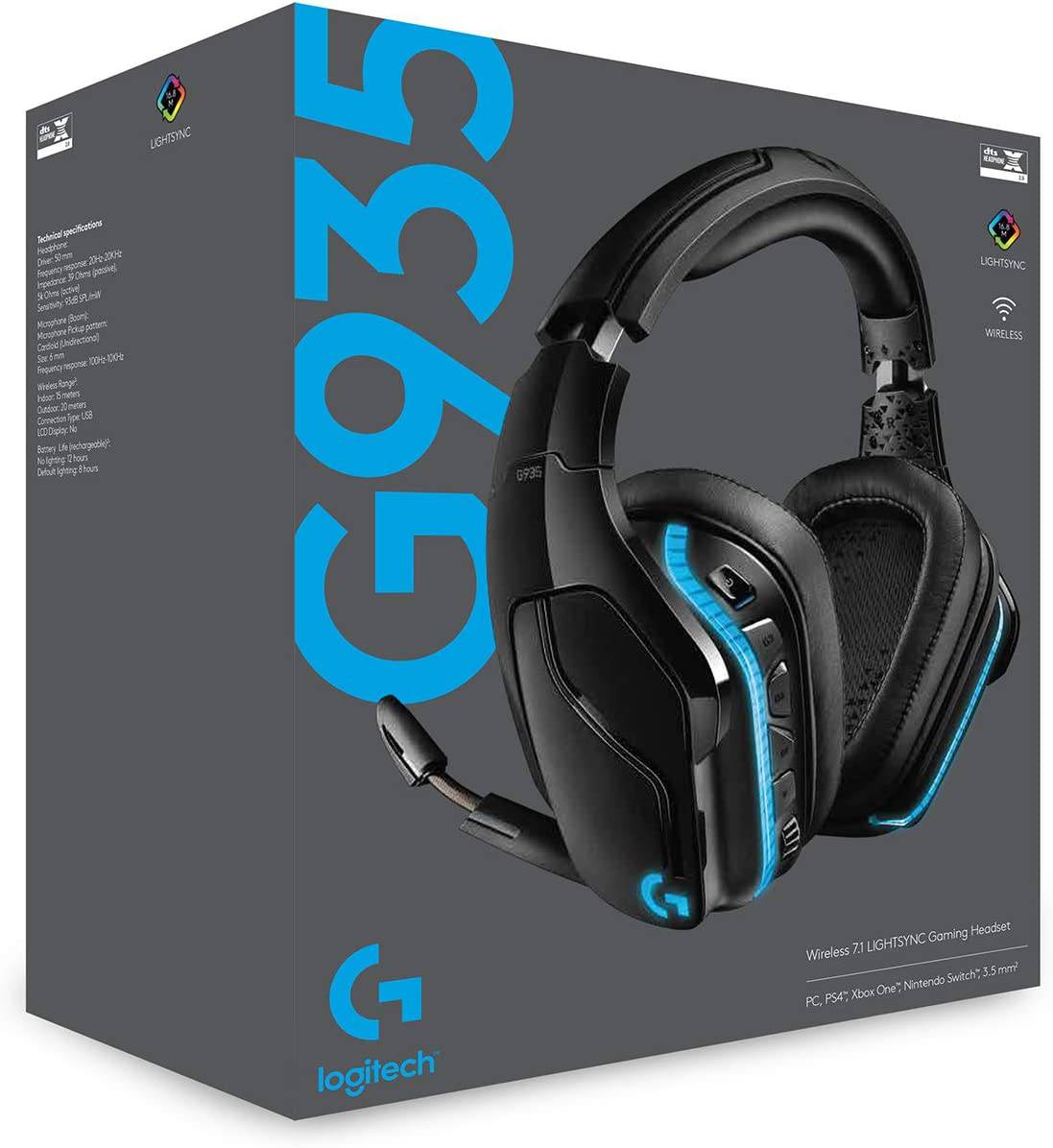 Logitech G935 Wireless DTS:X 7.1 Surround Sound LIGHTSYNC RGB Auriculares para juegos de PC - Negro/Azul