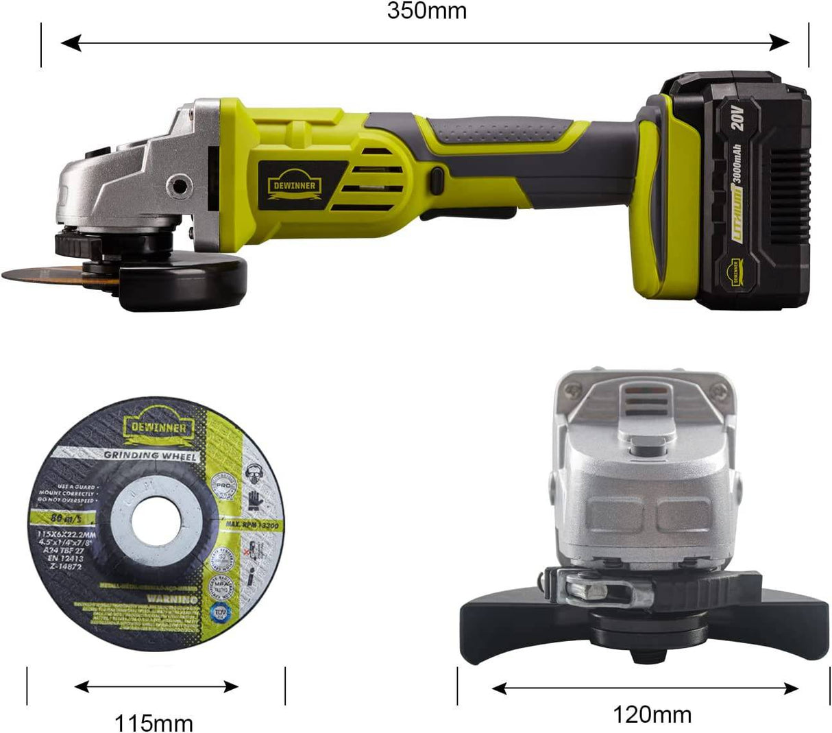 DEWINNER Amoladora angular inalámbrica de 20 V, 4 ½", 8500 RPM con batería de iones de litio de 3.0 Ah y cargador rápido, manija auxiliar ajustable de 2 posiciones, freno eléctrico, 1 ruedas de corte, 1 ruedas de amolar - DIGVICE MX