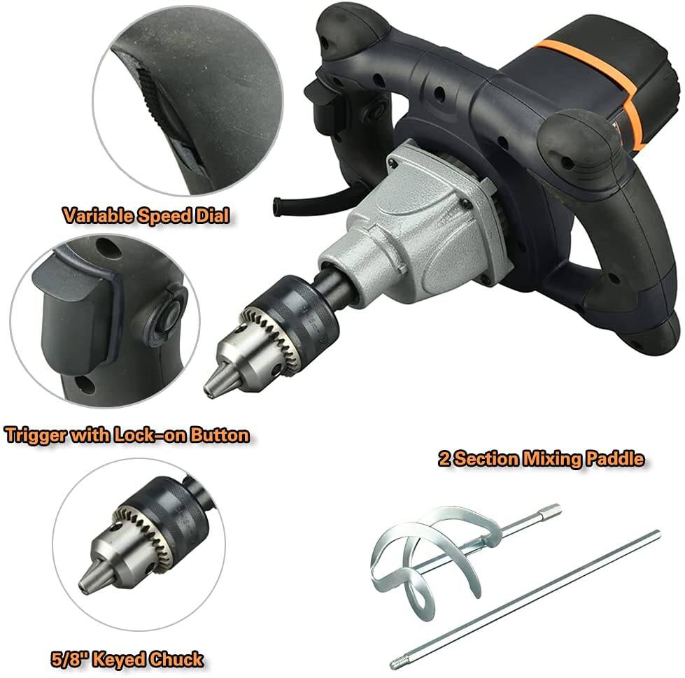 Mezclador de paleta única MAXXT 12A Mezclador de concreto/mortero, portabrocas con llave de 5/8 ", arranque suave, viene con paleta de mezcla en espiral grande de 100 mm - DIGVICE MX