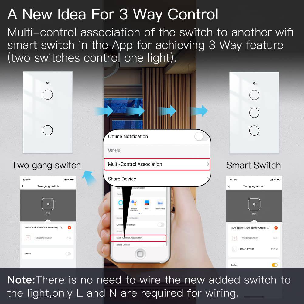 MOES 2.4GHz WiFi Wall Touch Smart Switch Neutral Wire Requiere, 3 Way Multi-Control, Glass Panel Light Switch Funciona con Smart Life/Tuya App, RF433 Remote Control, Alexa y Google Home White 2 Gang - DIGVICE MX