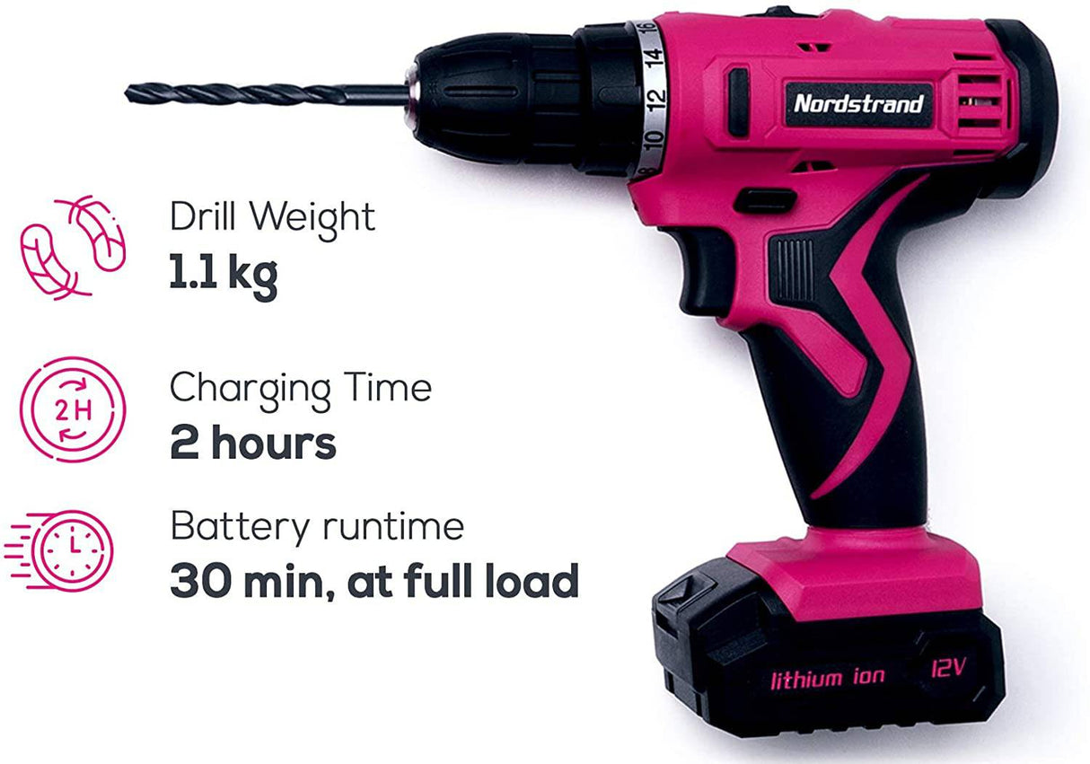 Nordstrand Juego de taladro inalámbrico rosa – Kit de destornillador eléctrico para mujer – Batería de iones de litio recargable de 12 V – Caja de herramientas - DIGVICE MX