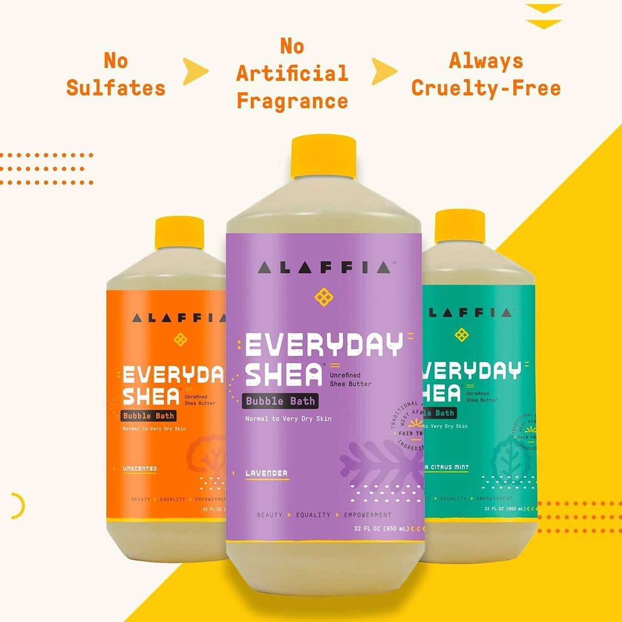 Alaffia Everyday Shea Bubble Bath, limpia, calma e hidrata la piel, fabricado con manteca de karité de comercio justo, libre de crueldad animal, sin parabenos, vegano, lavanda, paquete de 2 – 32 onzas líquidas cada uno