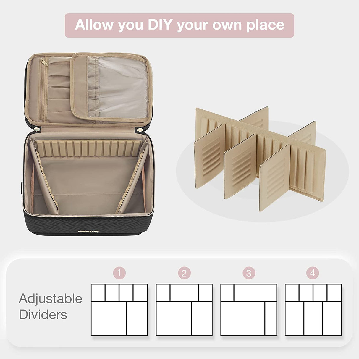 BAGSMART - Bolsa de maquillaje mediana, Organizador de bolsas de maquillaje grande de doble capa cosmética